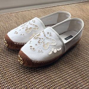 Dolce&Gabbana White Canvas Espadrille Flats with gold D&G - Women's Slip-On